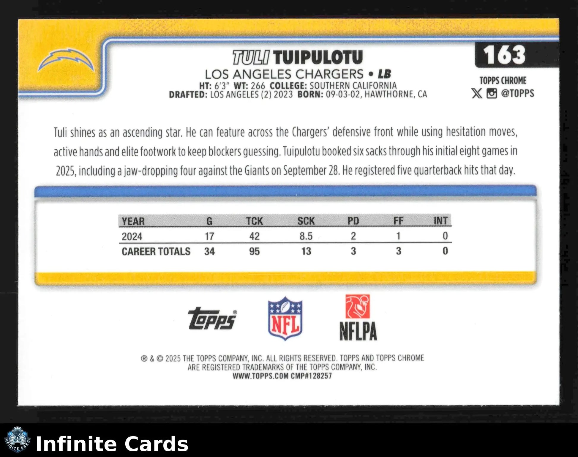 2025 Topps Chrome TULI TUIPULOTU #163 X-Fractor Los Angeles Chargers - Football Card Single