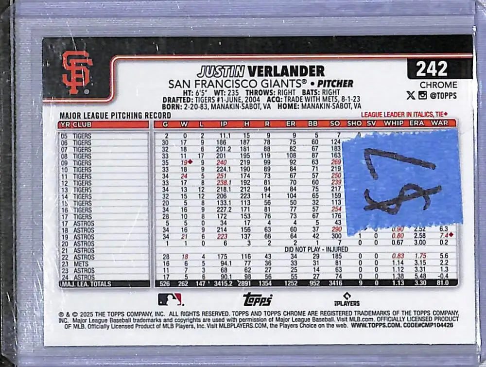 2025 Topps Chrome Turquoise #242 Justin Verlander NM-MT 178/299 San Francisco Giants - Baseball Card Single