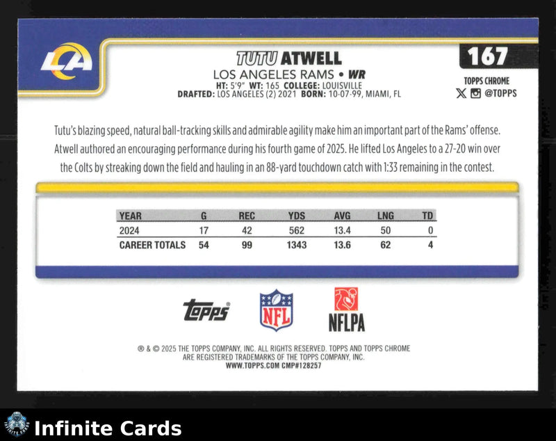 2025 Topps Chrome TUTU ATWELL #167 Hot Pink X-Fractor Los Angeles Rams - Football Card Single