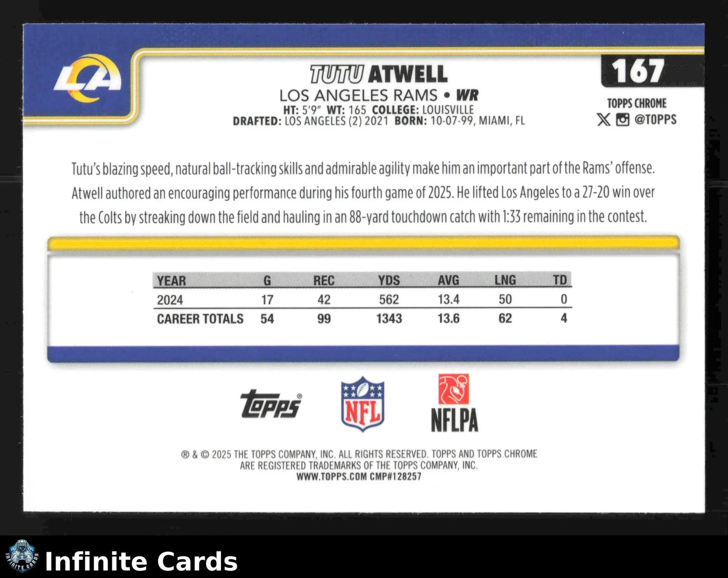 2025 Topps Chrome TUTU ATWELL #167 Los Angeles Rams - Football Card Single