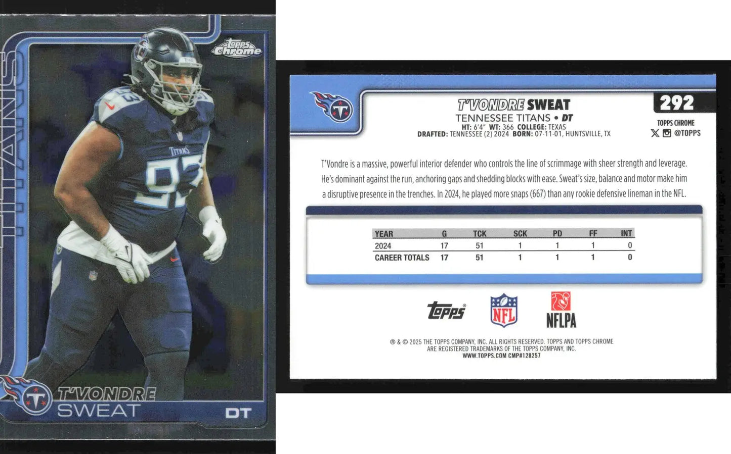 2025 Topps Chrome T’VONDRE SWEAT #292 Tennessee Titans RC - Football Card Single