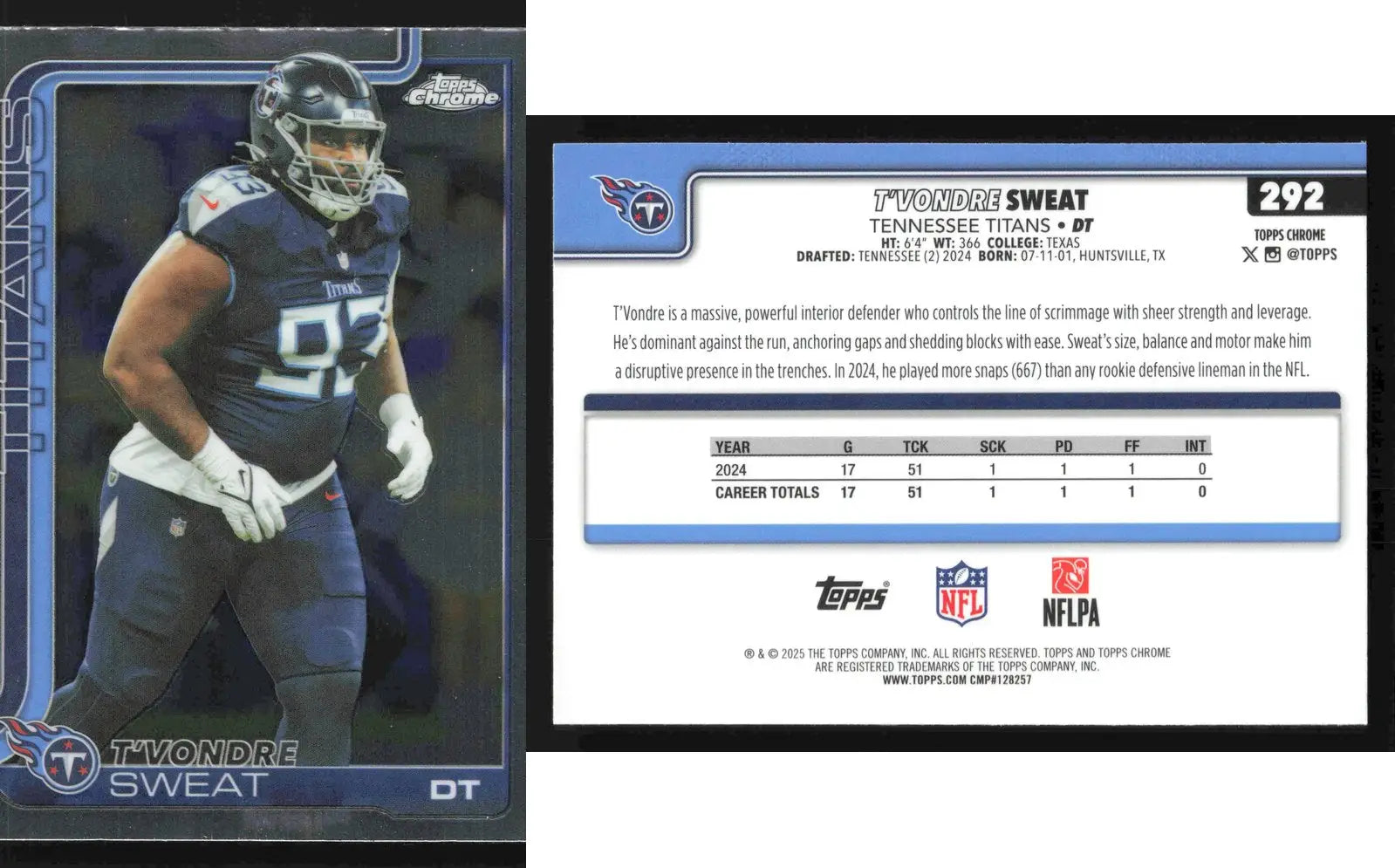 2025 Topps Chrome T’VONDRE SWEAT #292 Tennessee Titans RC - Football Card Single