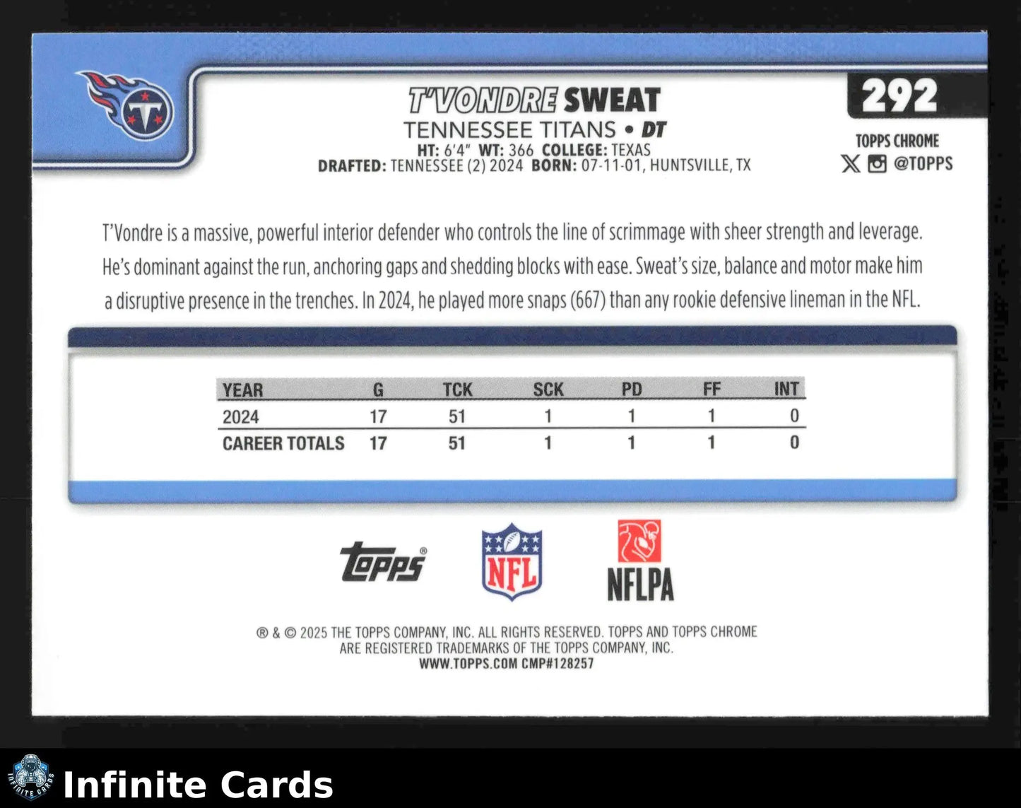 2025 Topps Chrome T’VONDRE SWEAT #292 Tennessee Titans RC - Football Card Single