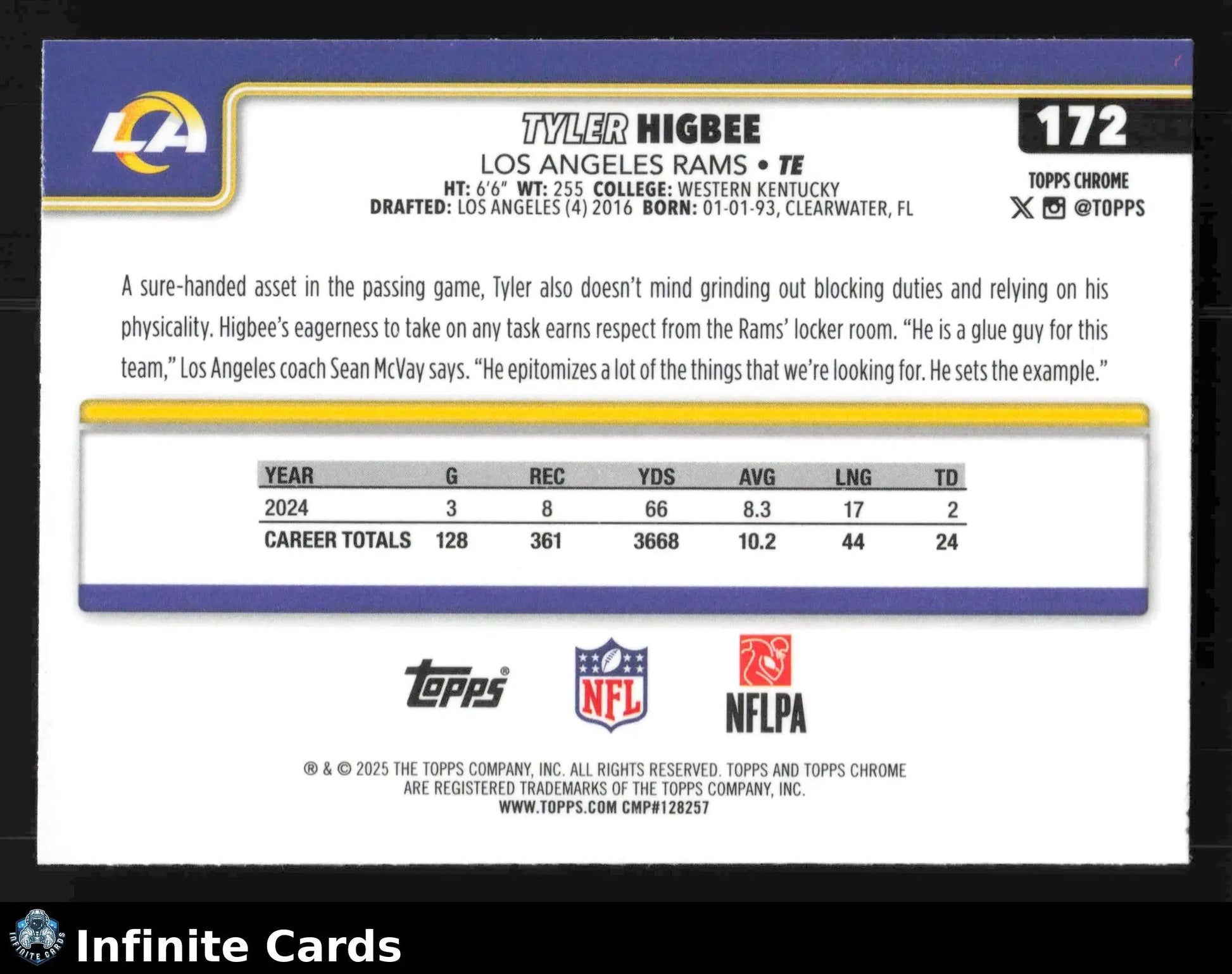 2025 Topps Chrome TYLER HIGBEE #172 Los Angeles Rams - Football Card Single