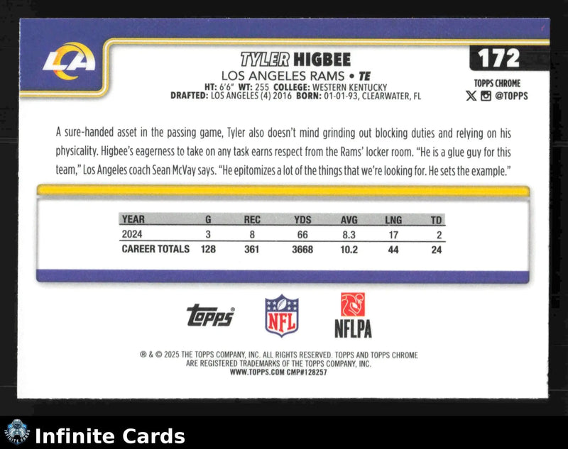 2025 Topps Chrome TYLER HIGBEE #172 Los Angeles Rams - Football Card Single