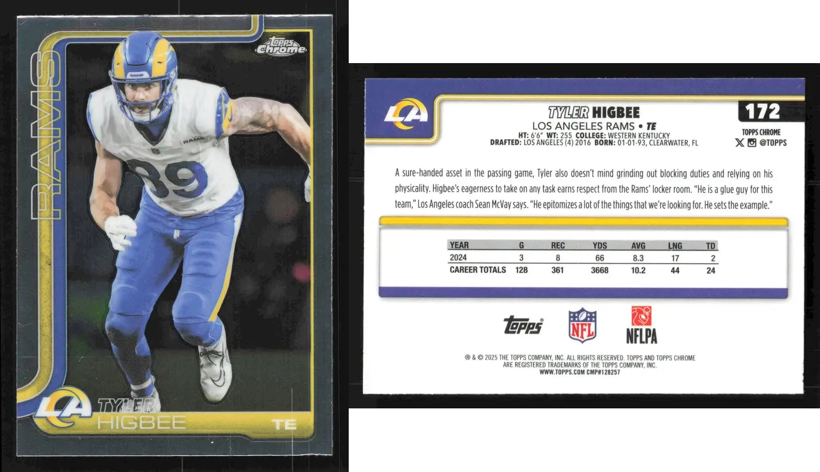 2025 Topps Chrome TYLER HIGBEE #172 Los Angeles Rams - Football Card Single