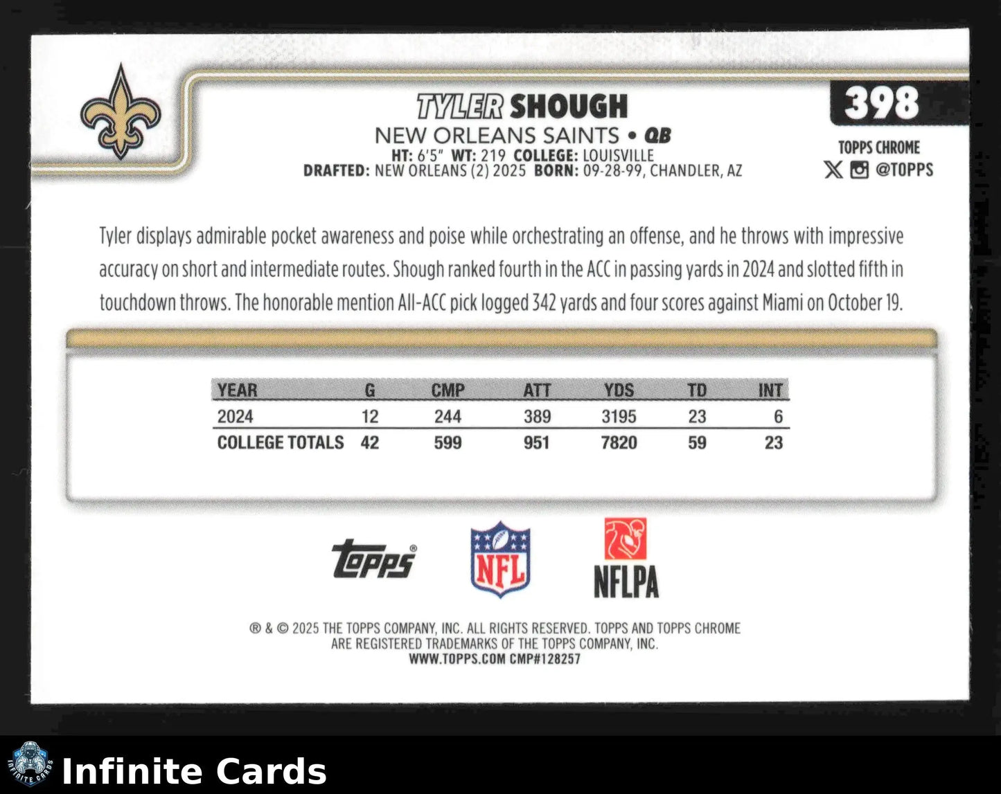 2025 Topps Chrome TYLER SHOUGH #398 New Orleans Saints RC - Football Card Single