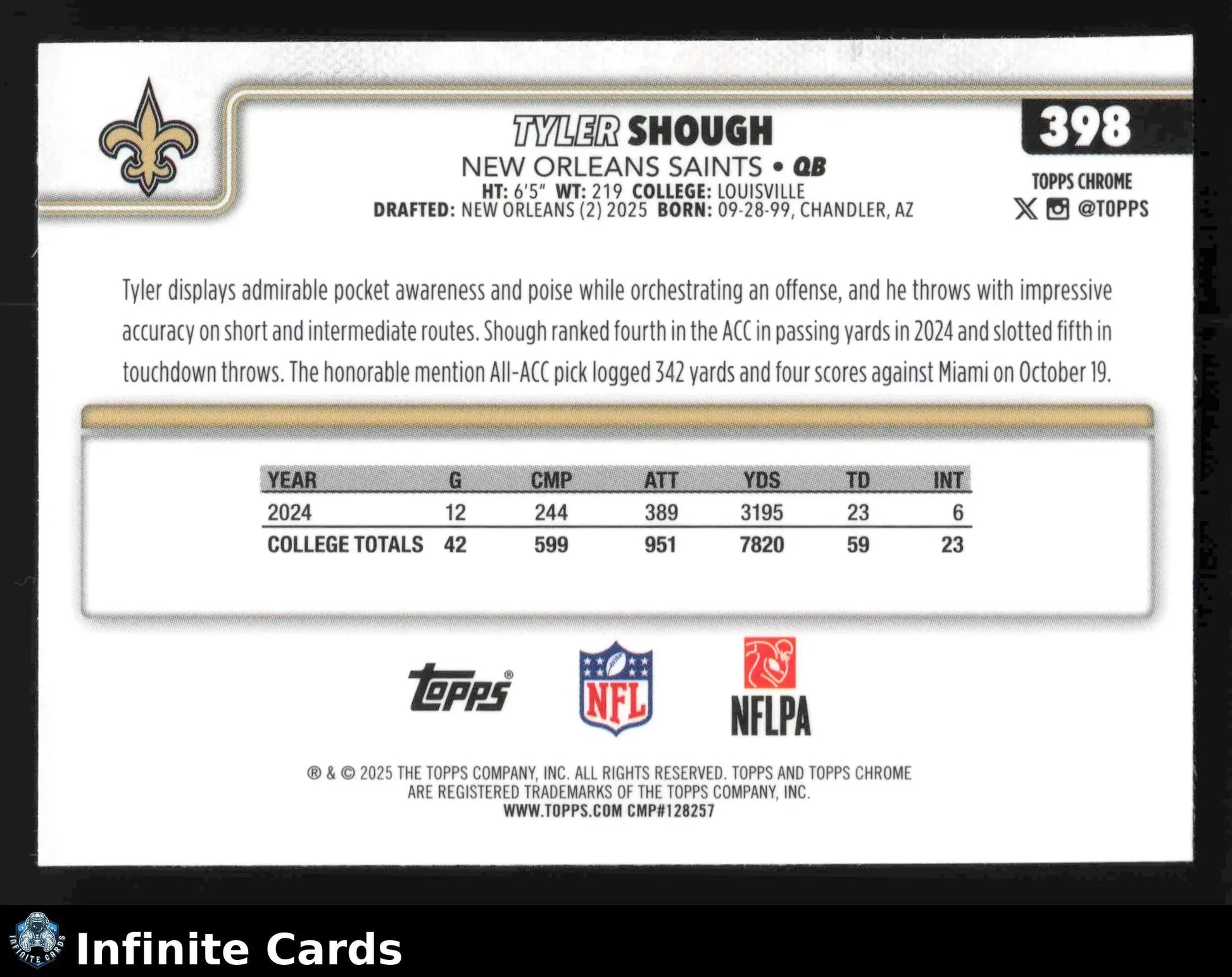 2025 Topps Chrome TYLER SHOUGH #398 New Orleans Saints RC - Football Card Single