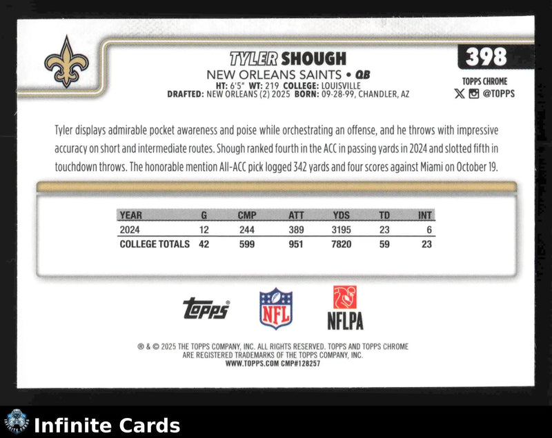 2025 Topps Chrome TYLER SHOUGH #398 New Orleans Saints RC - Football Card Single