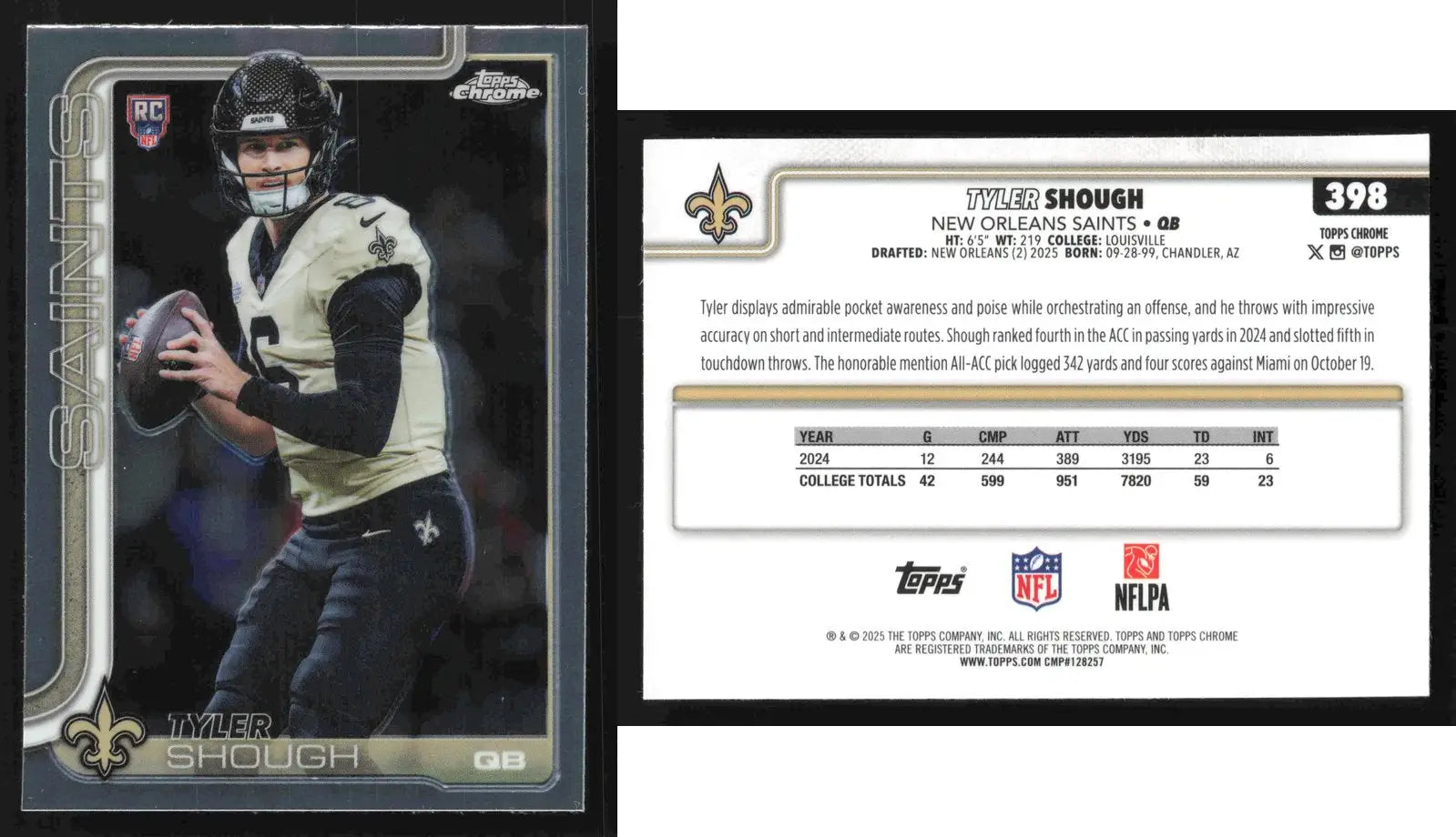 2025 Topps Chrome TYLER SHOUGH #398 New Orleans Saints RC - Football Card Single