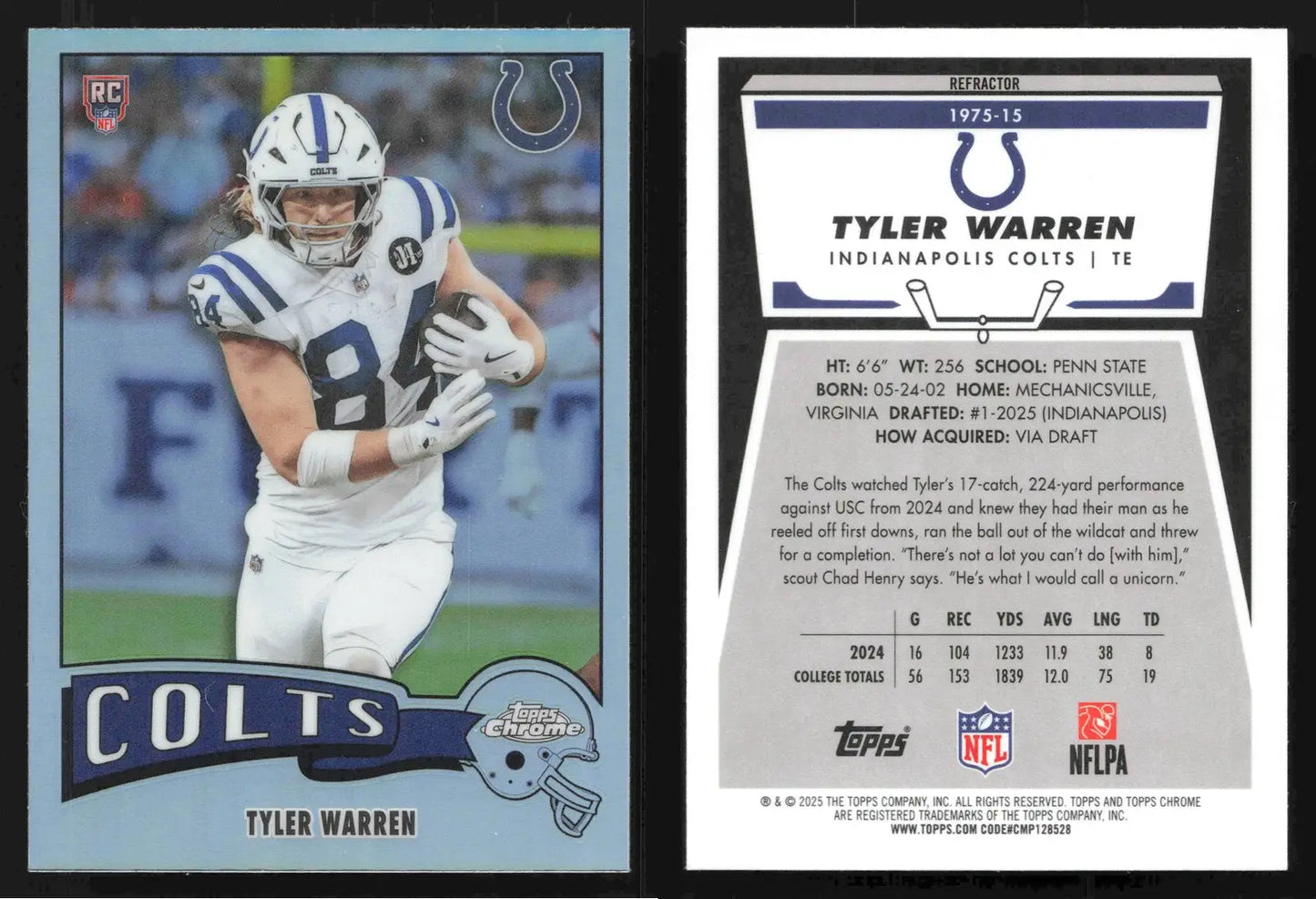 2025 Topps Chrome TYLER WARREN #1975-15 1975 (50th Anniversary) Refractor Colts - Football Card Single
