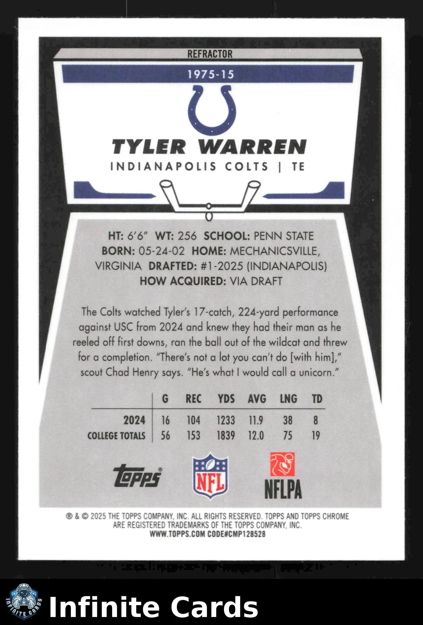 2025 Topps Chrome TYLER WARREN #1975-15 1975 (50th Anniversary) Refractor Colts - Football Card Single