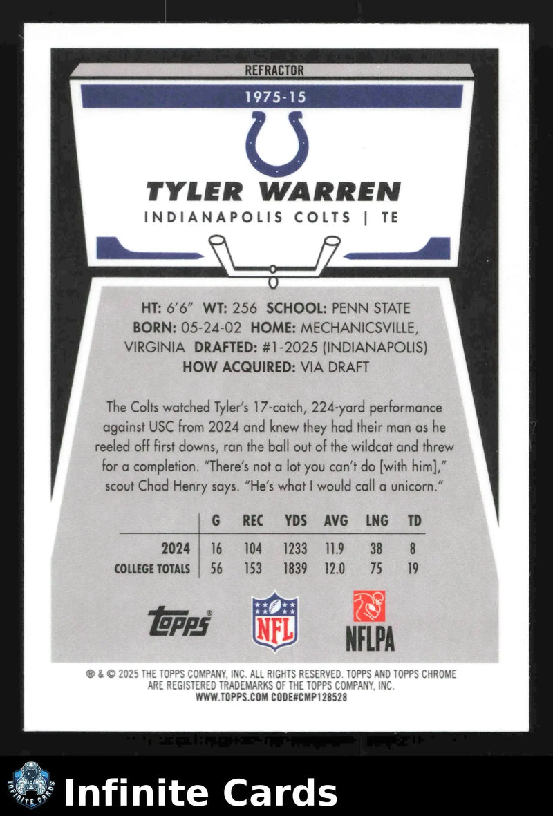 2025 Topps Chrome TYLER WARREN #1975-15 1975 (50th Anniversary) Refractor Colts - Football Card Single