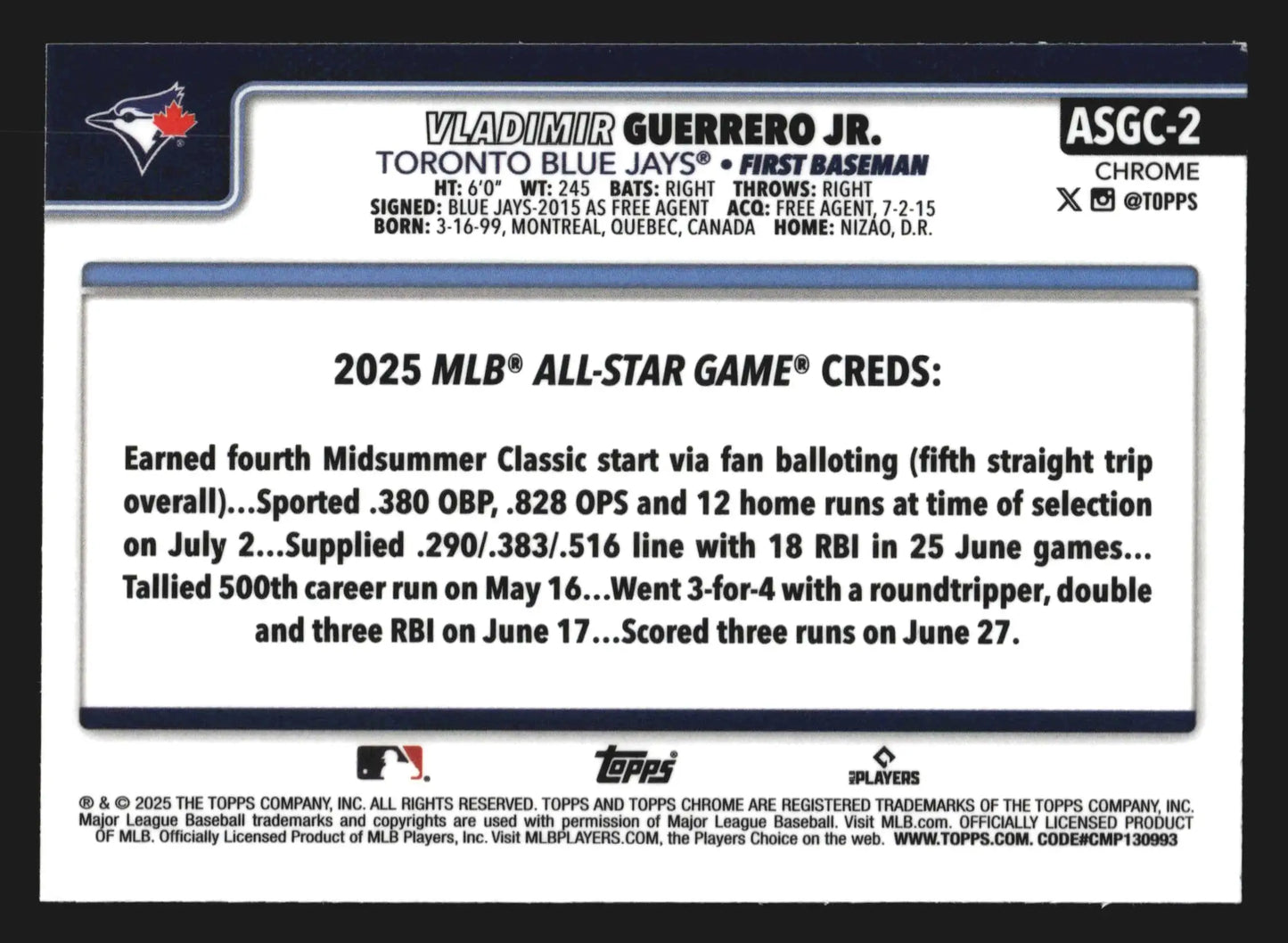 2025 Topps Chrome Update #ASGC-2 Vladimir Guerrero Jr Refractor All-Star