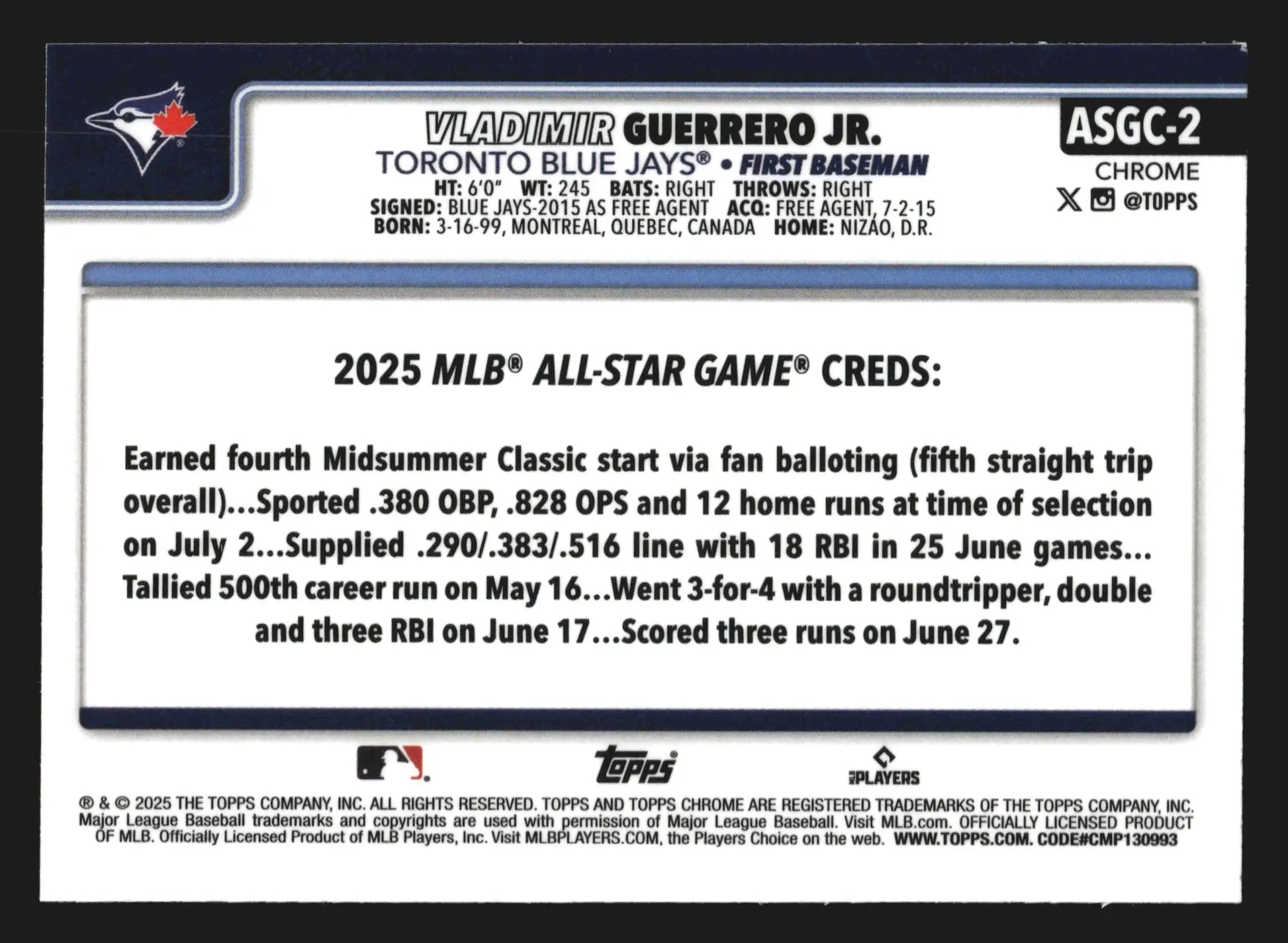 2025 Topps Chrome Update #ASGC-2 Vladimir Guerrero Jr Refractor All-Star
