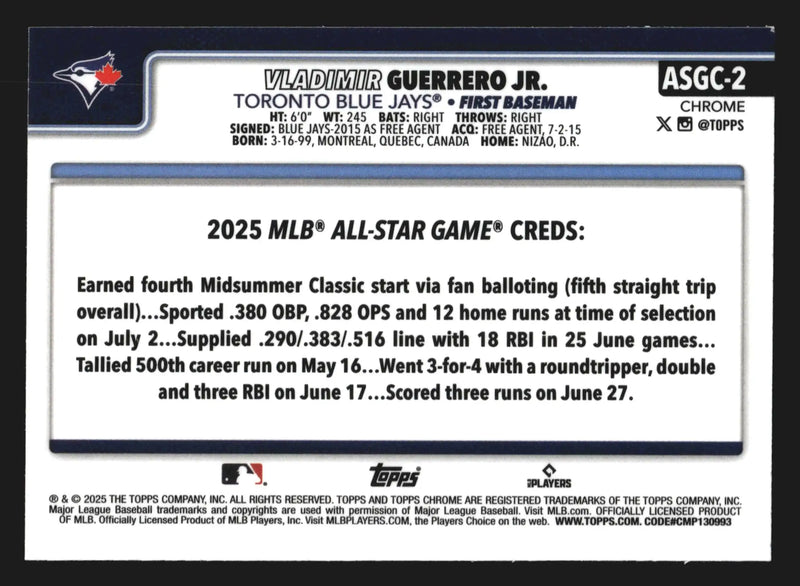 2025 Topps Chrome Update #ASGC-2 Vladimir Guerrero Jr Refractor All-Star