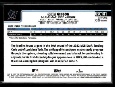 2025 Topps Chrome Update Cade Gibson #USC181 RC Miami Marlins