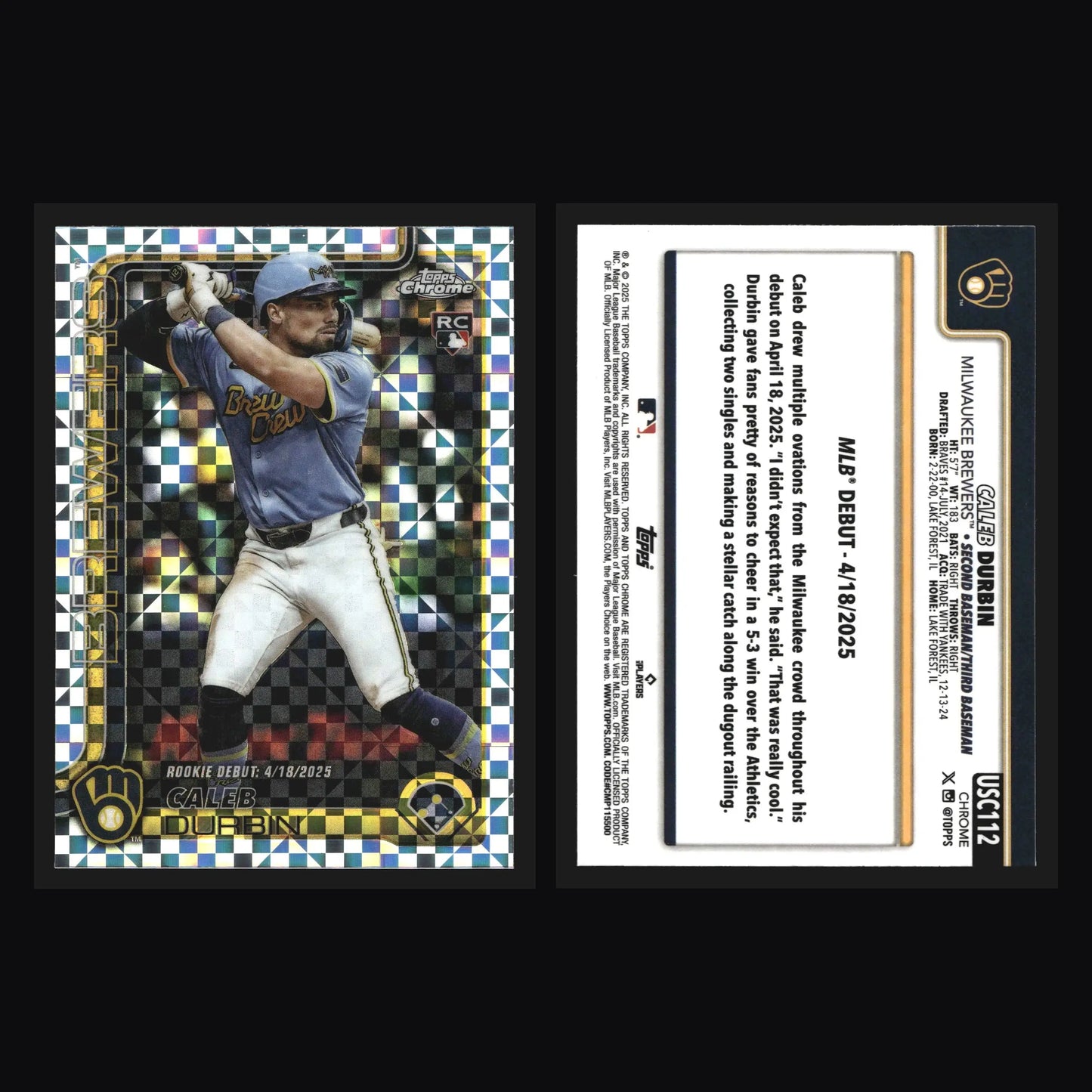 2025 Topps Chrome Update Caleb Durbin #USC112 X-Fractor Brewers RC - Baseball Card Single