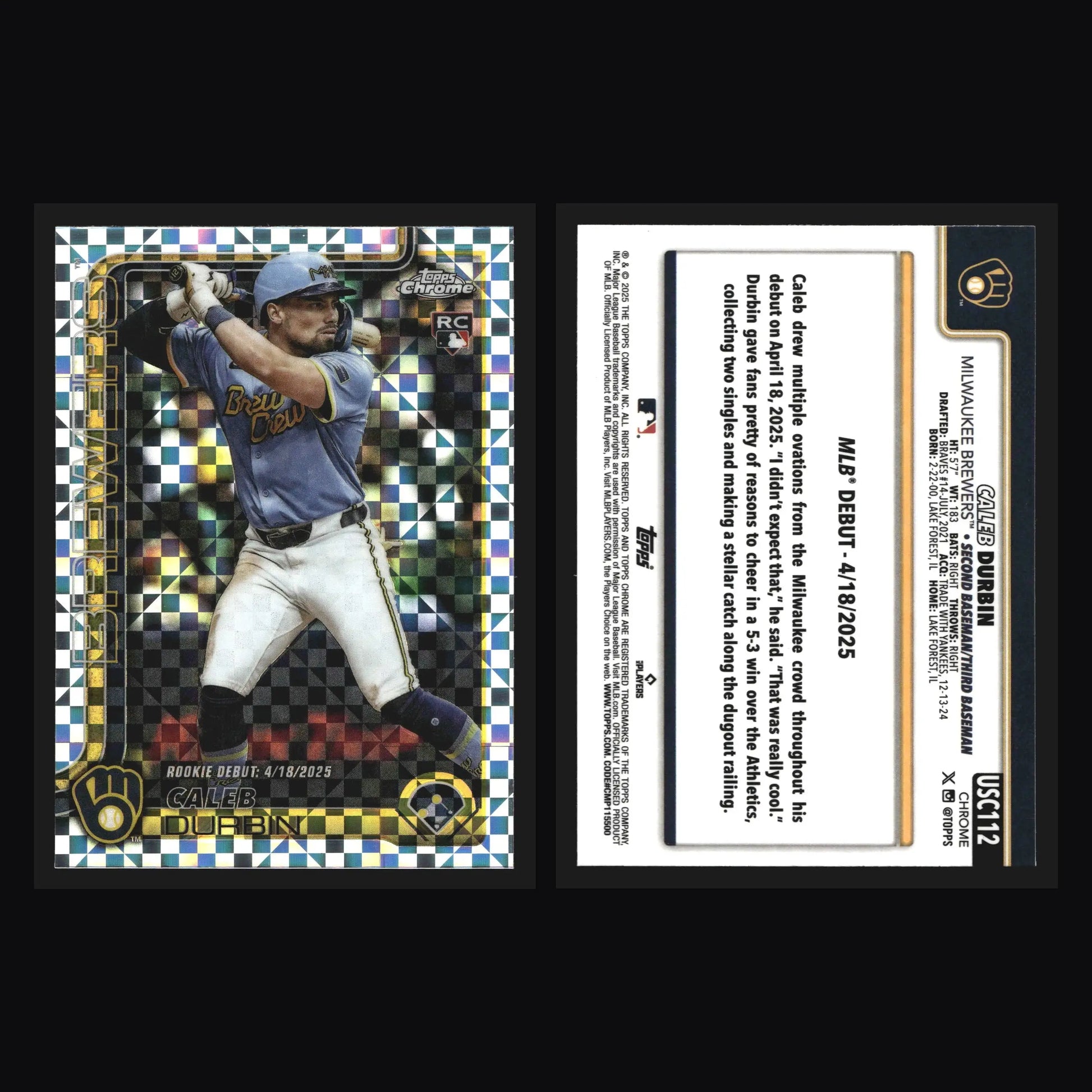 2025 Topps Chrome Update Caleb Durbin #USC112 X-Fractor Brewers RC - Baseball Card Single