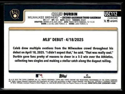2025 Topps Chrome Update Caleb Durbin #USC112 X-Fractors RC Milwaukee Brewers