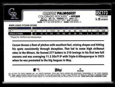 2025 Topps Chrome Update Carson Palmquist #USC173 X-Fractors RC Colorado Rockies