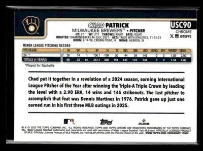 2025 Topps Chrome Update Chad Patrick #USC90 X-Fractors RC Milwaukee Brewers