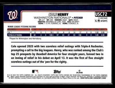 2025 Topps Chrome Update Cole Henry #USC72 RC Washington Nationals