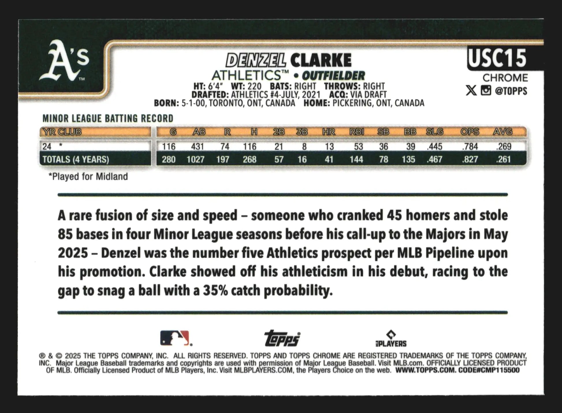 2025 Topps Chrome Update Denzel Clarke #USC15 X-Fractor RC Athletics - Baseball Card Single