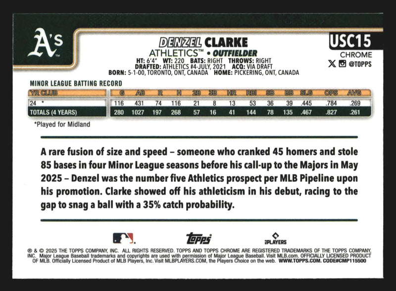 2025 Topps Chrome Update Denzel Clarke #USC15 X-Fractor RC Athletics - Baseball Card Single