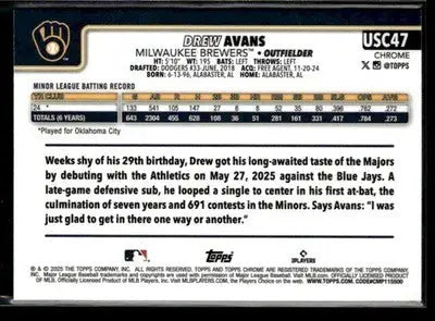 2025 Topps Chrome Update Drew Avans #USC47 X-Fractors RC Milwaukee Brewers