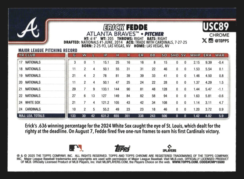 2025 Topps Chrome Update Erick Fedde #USC89 Green Wave Refractor /99 Braves