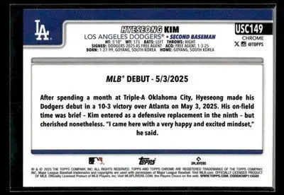 2025 Topps Chrome Update Hyeseong Kim #USC149 RC Los Angeles Dodgers