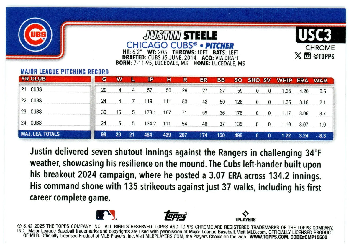 2025 Topps Chrome Update Justin Steele #USC3 Chicago Cubs - Baseball Card Single
