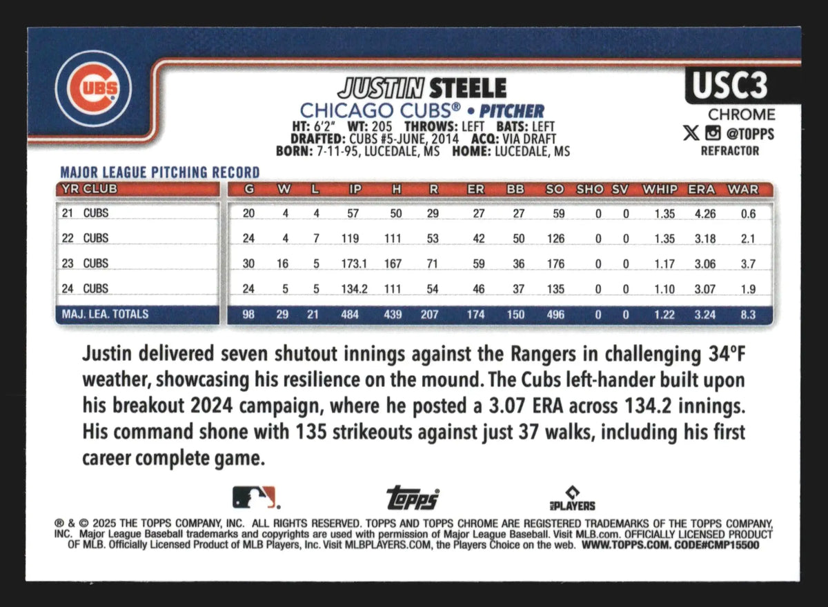 2025 Topps Chrome Update Justin Steele #USC3 Refractor Chicago Cubs - Baseball Card Single