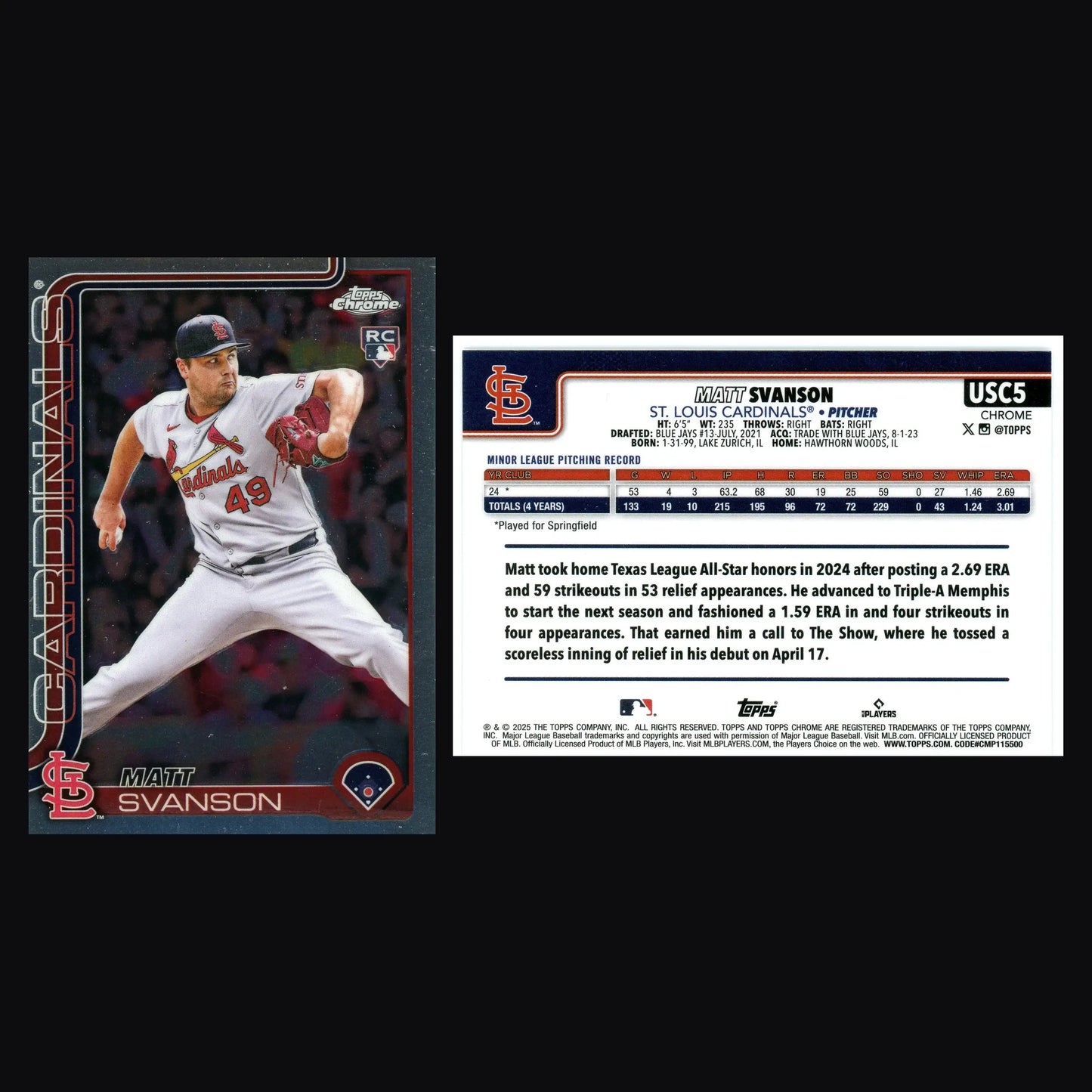 2025 Topps Chrome Update Matt Svanson #USC5 Cardinals RC Rookie - Baseball Card Single