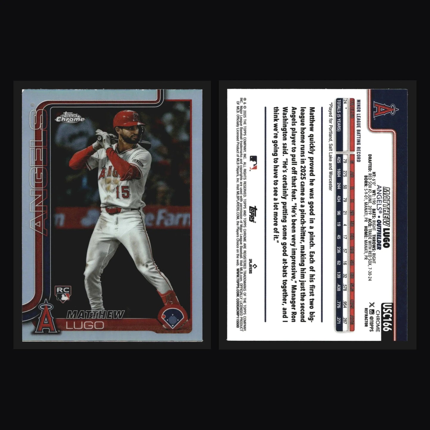2025 Topps Chrome Update Matthew Lugo #USC166 Refractor Angels RC - Baseball Card Single