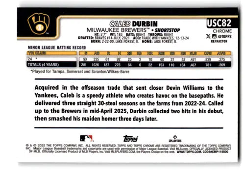 2025 Topps Chrome Update Refractor #USC82 Caleb Durbin NM-MT RC Rookie ID:81690 - Baseball Card Single