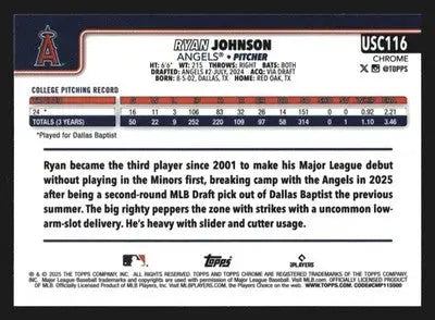 2025 Topps Chrome Update Ryan Johnson #USC116 Angels RC - Baseball Card Single