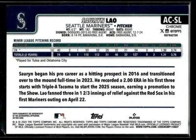 2025 Topps Chrome Update Sauryn Lao #AC-SL Auto Refr #/499 Mariners