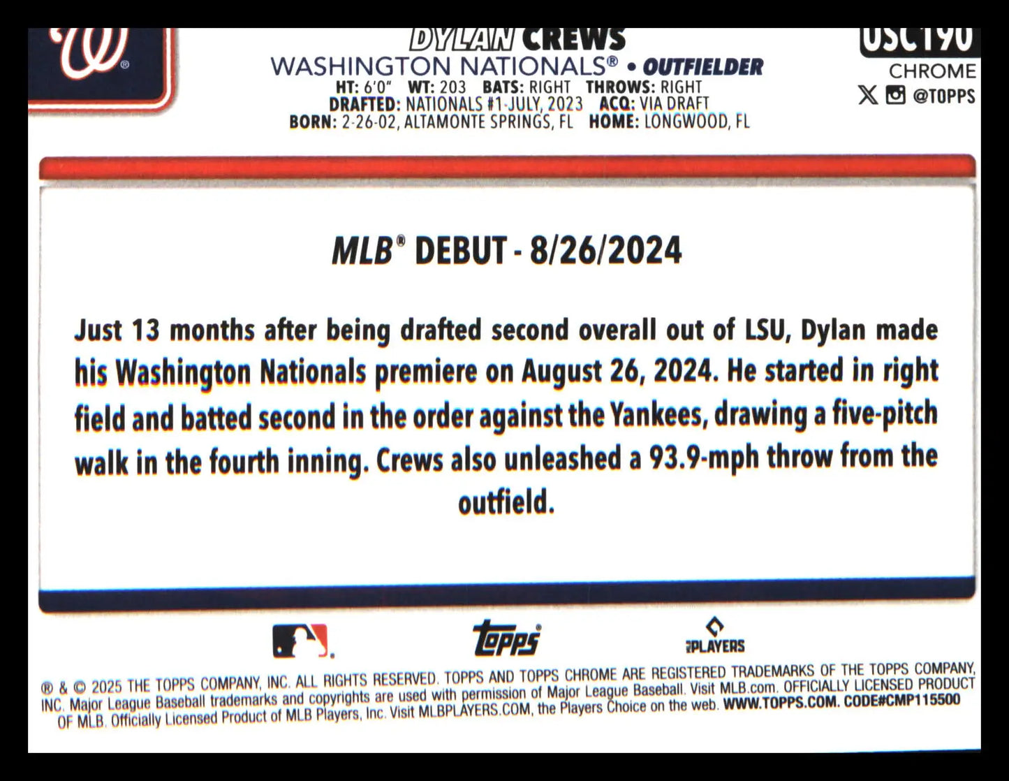 2025 Topps Chrome Update Sepia Refractors #USC190 Dylan Crews - Baseball Card Single