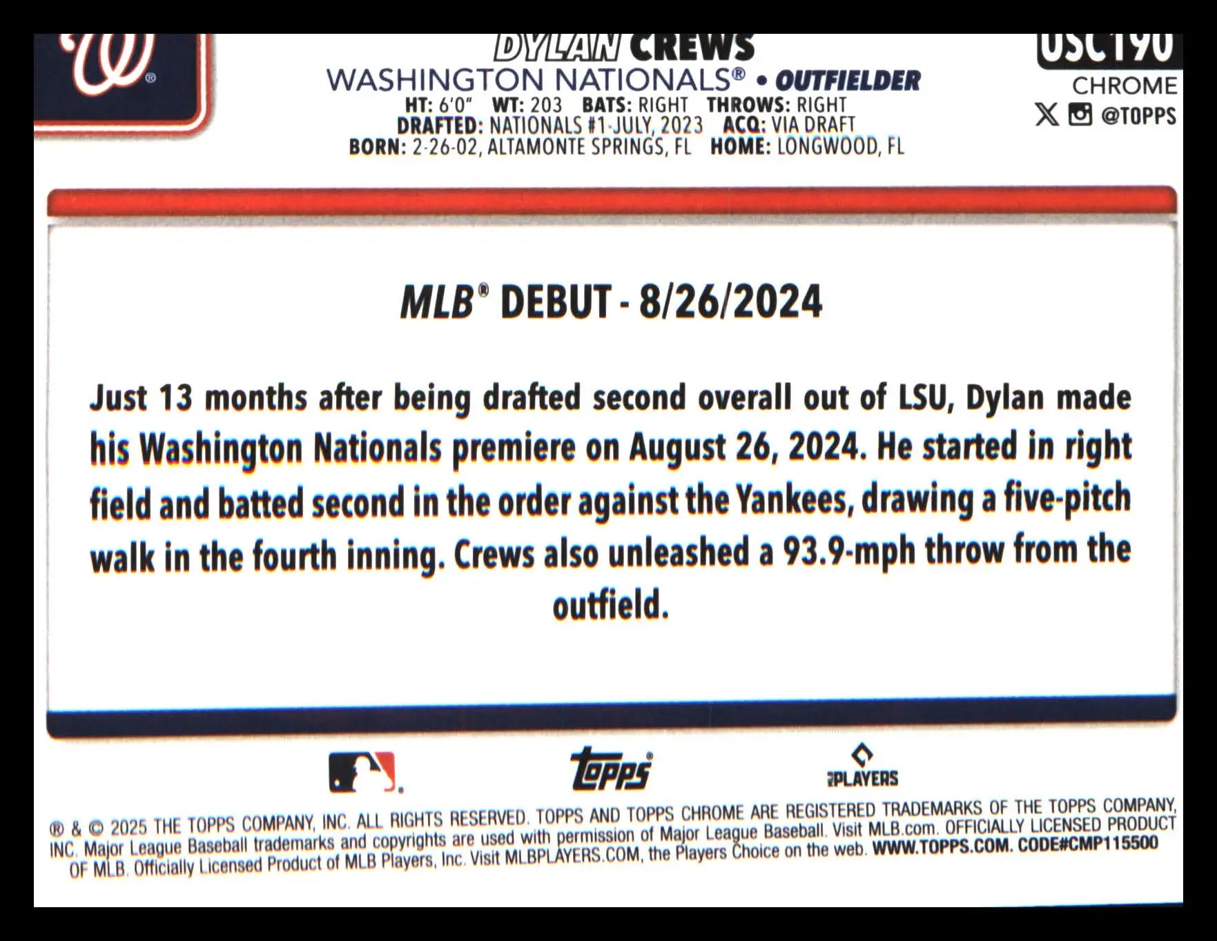 2025 Topps Chrome Update Sepia Refractors #USC190 Dylan Crews - Baseball Card Single