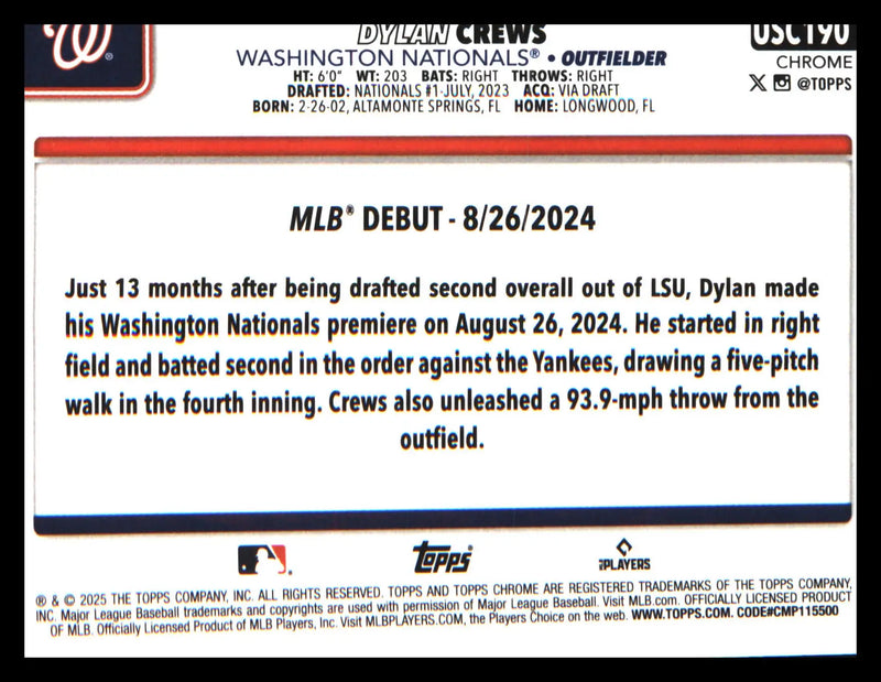 2025 Topps Chrome Update Sepia Refractors #USC190 Dylan Crews - Baseball Card Single