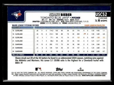 2025 Topps Chrome Update Shane Bieber #USC52 Toronto Blue Jays