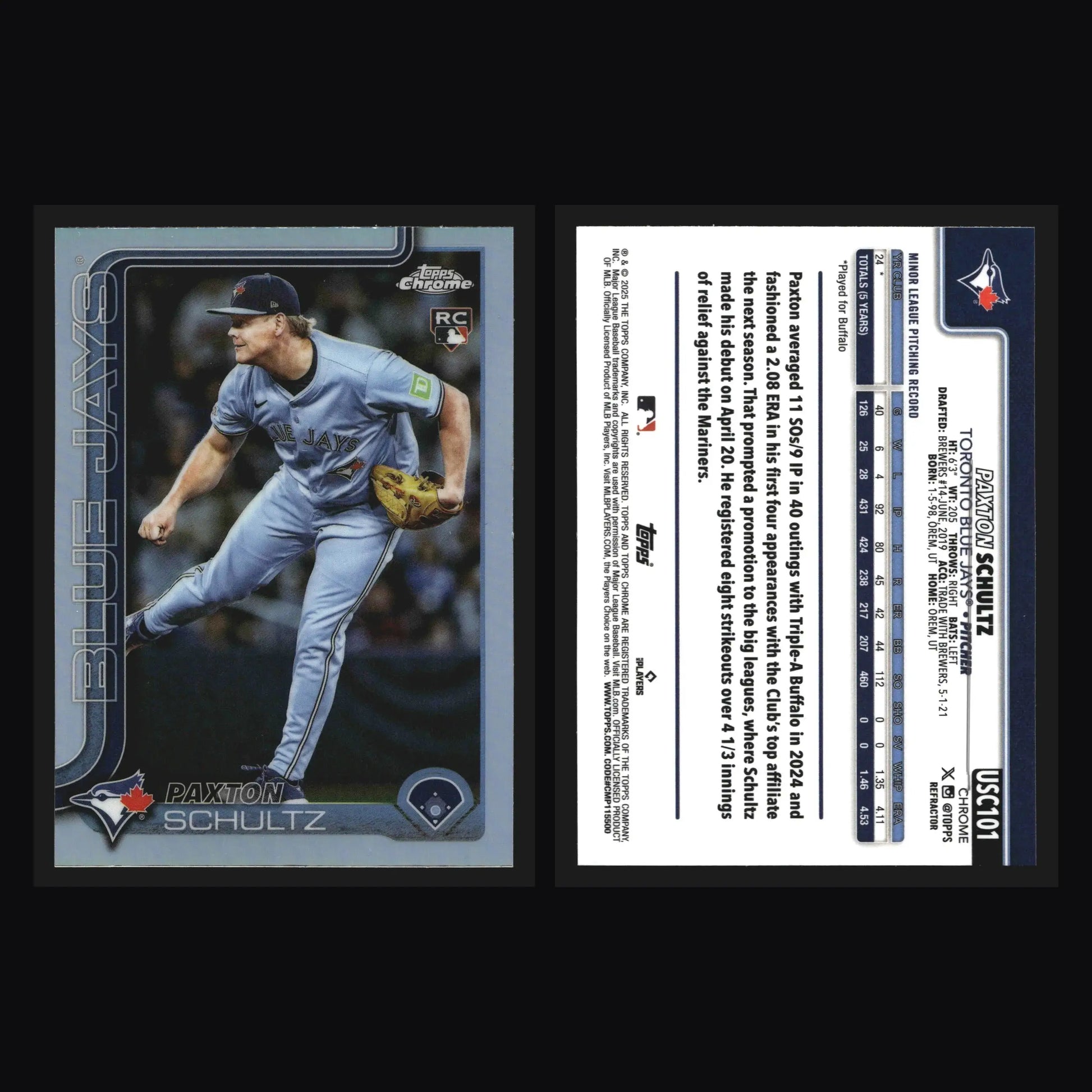 2025 Topps Chrome Update #USC101 Paxton Schultz Refractor RC Blue Jays