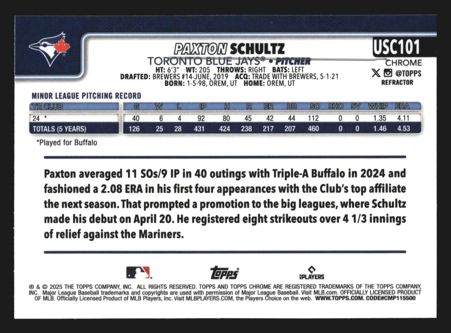 2025 Topps Chrome Update #USC101 Paxton Schultz Refractor RC Blue Jays
