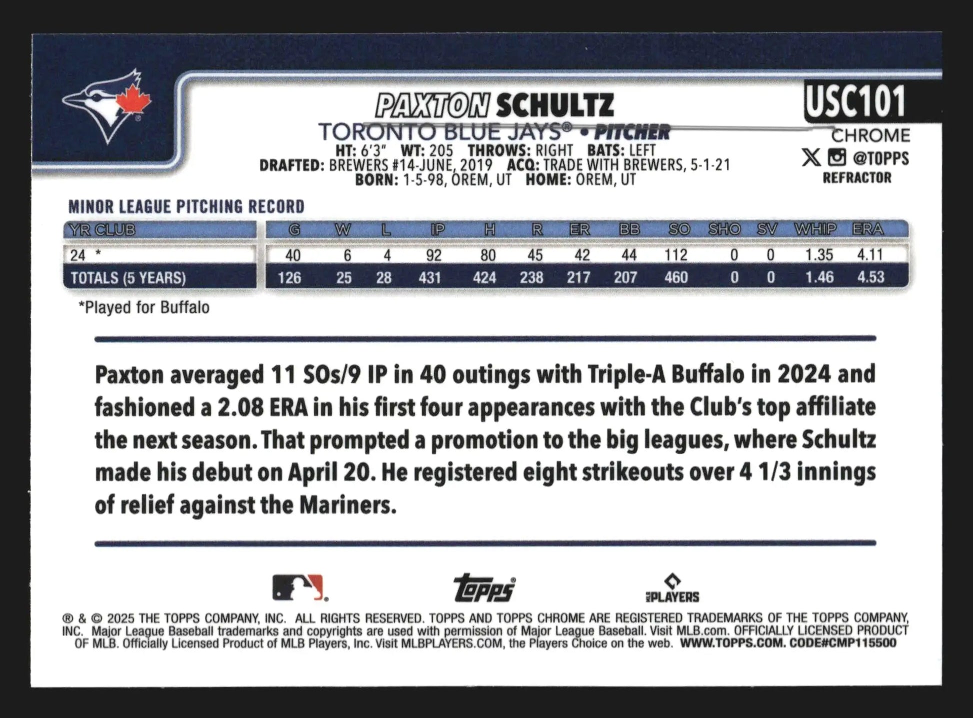 2025 Topps Chrome Update #USC101 Paxton Schultz Refractor RC Blue Jays