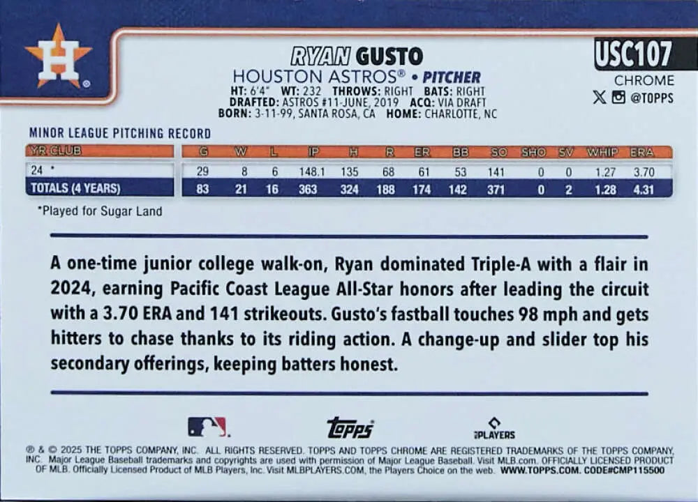 2025 Topps Chrome Update #USC107 Ryan Gusto NM-MT RC Rookie Astros ID:81681 - Baseball Card Single