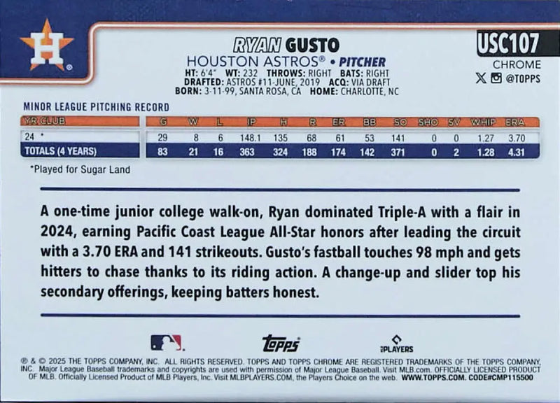 2025 Topps Chrome Update #USC107 Ryan Gusto NM-MT RC Rookie Astros ID:81681 - Baseball Card Single