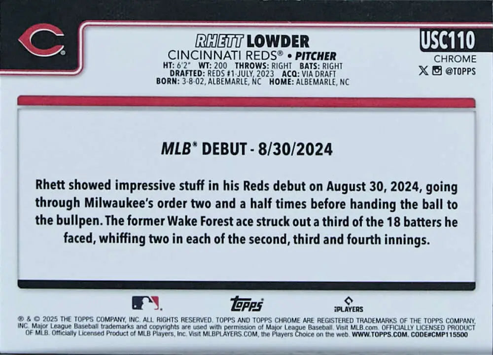 2025 Topps Chrome Update #USC110 Rhett Lowder NM-MT RC Rookie Reds ID:81682 - Baseball Card Single