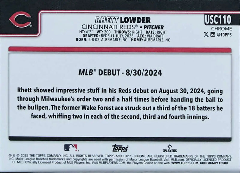 2025 Topps Chrome Update #USC110 Rhett Lowder NM-MT RC Rookie Reds ID:81682 - Baseball Card Single